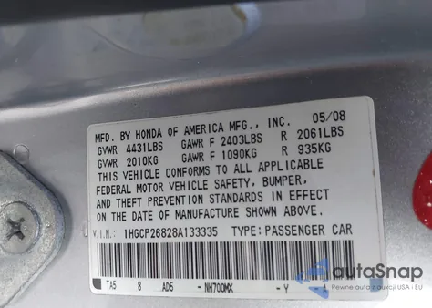 2008 Honda Accord 2.4 Ex-L из США, поврежденный, VIN 1HGCP26828A133335